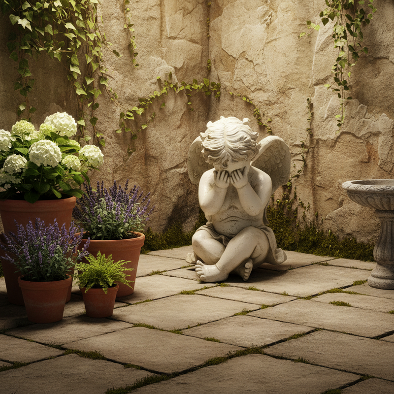 Sorrow Cherub Outdoor Statue (16 - Inch) Side Angle
