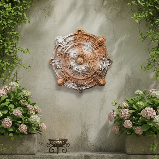 Ornate Baroque ceiling medallion with intricate floral scrollwork and classical old world European detailing. Side Angle