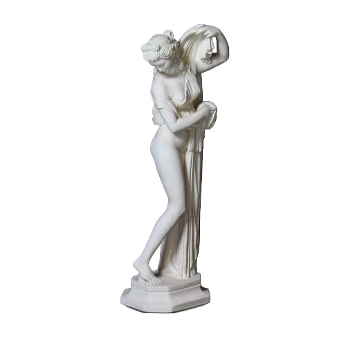 Classical Greek-style female statue in a graceful pose, featuring ornate drapery and elegant, old world European detailing.