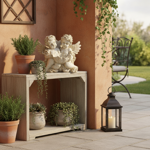 Two Sitting Winged Cherubs Holding Bowl Outdoor Statue (9 - Inch) Side Angle