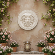 Medusa head relief with flowing serpentine hair, surrounded by a Greek key border in classical old world European style. Side Angle
