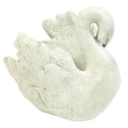 Swan planter with detailed feathers, sculpted in an old world European style with classical, ornate accents and graceful curves. Side View