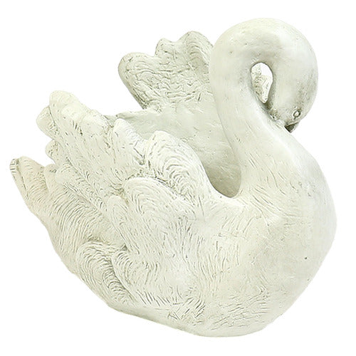 Swan planter with detailed feathers, sculpted in an old world European style with classical, ornate accents and graceful curves. Side View