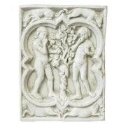 Adam and Eve in a classical relief panel with ornate old world European detailing and medieval Gothic motifs featuring animals and foliage.