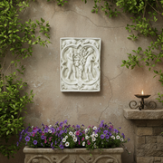 Adam and Eve in a classical relief panel with ornate old world European detailing and medieval Gothic motifs featuring animals and foliage. Side Angle