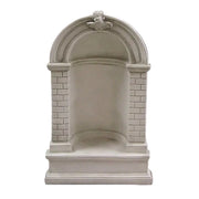 Classical old world European niche wall fountain with arched top, brick detailing, and ornate cherub accent in Baroque style.
