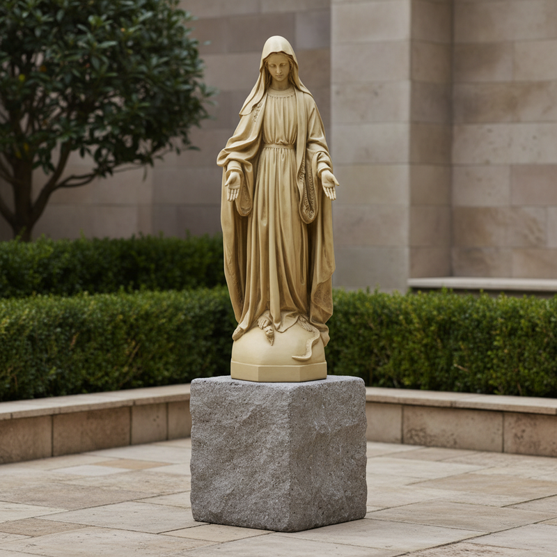 Madonna statue in classical Renaissance style with flowing drapery, serene expression, and outstretched hands on ornate pedestal. Side View