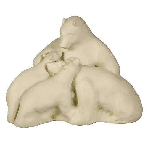 Three bears in a classical, old world European style sculpture, arranged in a gentle, harmonious group with soft, rounded forms.