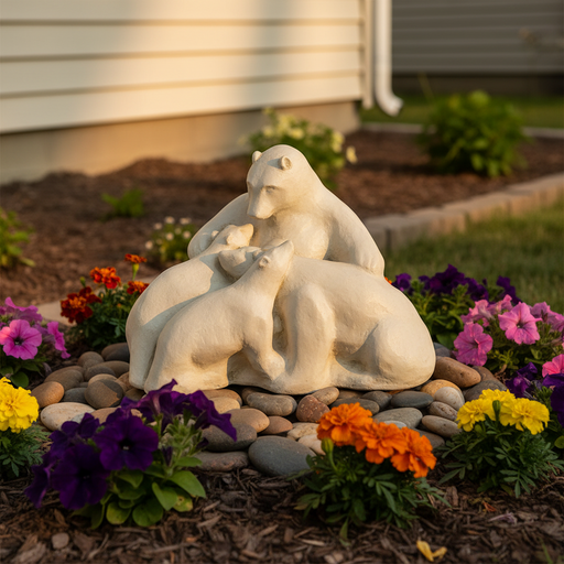 Three bears in a classical, old world European style sculpture, arranged in a gentle, harmonious group with soft, rounded forms. Side Angle