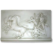 Classical Greek relief sculpture depicting a chariot scene with two horses, a warrior, and a robed figure in ornate, detailed style.
