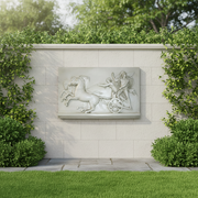 Classical Greek relief sculpture depicting a chariot scene with two horses, a warrior, and a robed figure in ornate, detailed style. Side Angle