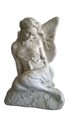 Seated angel statue leaning on a mossy rock base with large wings.