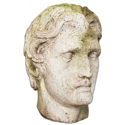 Classical Greek-style sculpted male head with wavy hair, strong features, and weathered, ornate detailing.