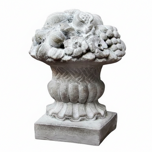 Ornate classical urn with intricate fruit and floral relief, featuring old world European and Baroque decorative detailing.