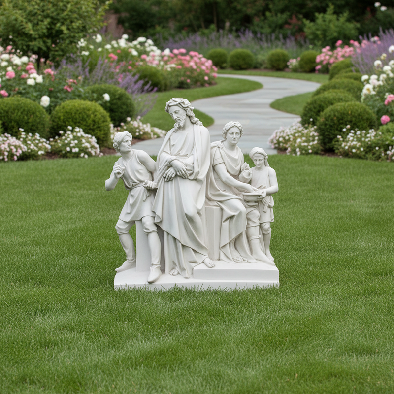 Classical Renaissance-style sculpture depicting four figures in flowing robes, arranged in a detailed, narrative scene. Different Angle