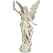 Standing angel with a serene expression holding a torch aloft, featuring detailed feathered wings.