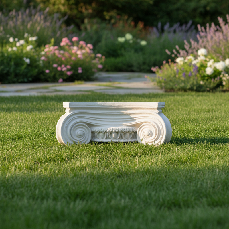 Ionic column capital with classical volutes and ornate old world European detailing in a symmetrical, Renaissance-inspired design. Side Angle
