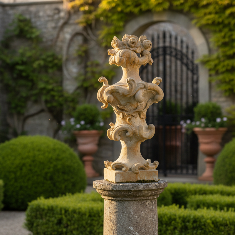 Ornate Baroque urn with intricate scrollwork, floral accents, and classical old world European detailing Side Angle