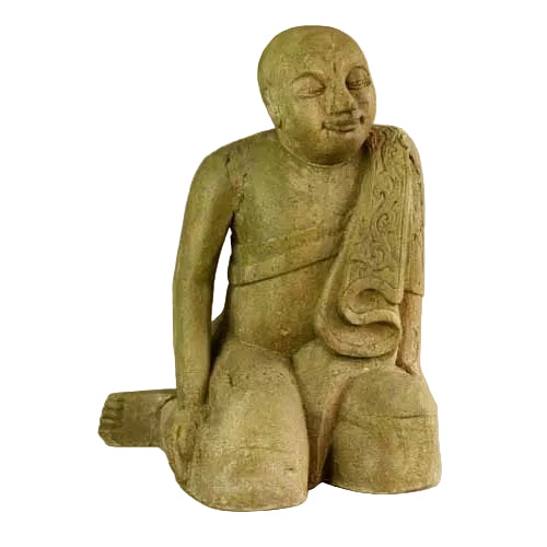 Seated monk statue with serene expression, draped robe featuring ornate classical detailing, old world European style.