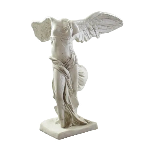 Winged classical Greek statue with draped robes, inspired by old world European and Hellenistic art, featuring ornate detailing.