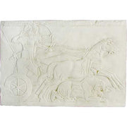 Ancient Greek bas-relief depicting a warrior in a chariot with ornate classical detailing and dynamic horse figures.