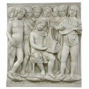 Bas-relief of Renaissance cherubs with musical instruments, featuring ornate classical detailing and expressive, lifelike figures.