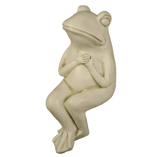 Seated frog statue with hands clasped, featuring classical old world European and whimsical Renaissance-inspired details.
