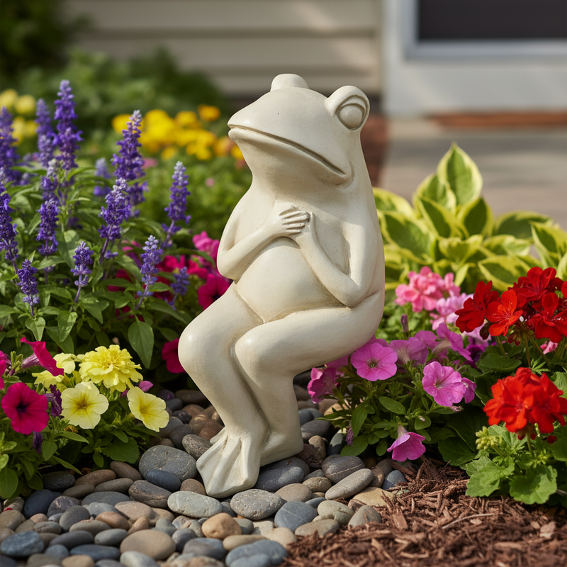 Seated frog statue with hands clasped, featuring classical old world European and whimsical Renaissance-inspired details. Side Angle