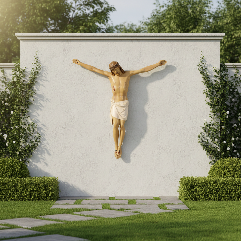 Crucifix statue in classical Renaissance style with ornate detailing, featuring Christ with outstretched arms and crown of thorns. Side View