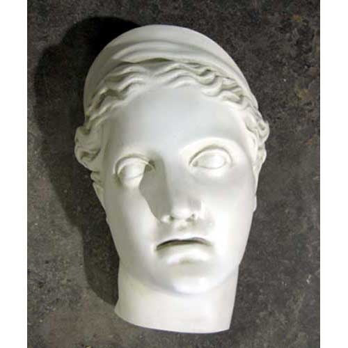 Classical Greek-style sculpted head with serene expression and ornate wavy hair, evoking ancient European artistry.