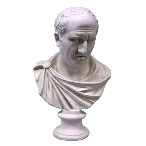 Classical Greek-style bust of a stern-faced man with draped robes and detailed facial features on a pedestal base.