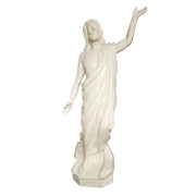 Classical Renaissance-style statue of a robed figure with one arm raised, featuring detailed drapery and serene facial expression.