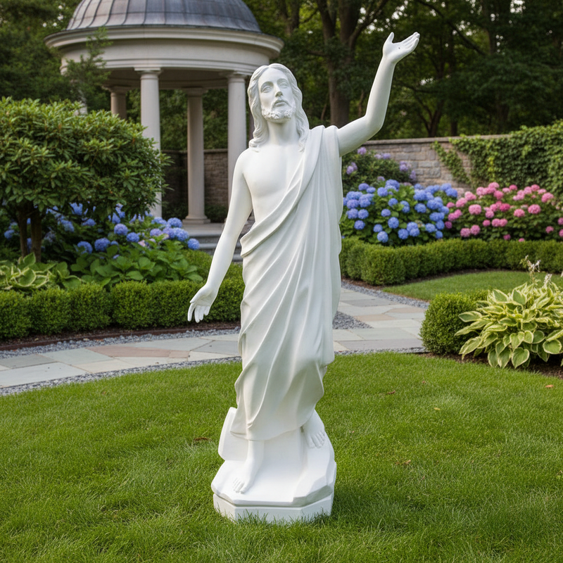 Classical Renaissance-style statue of a robed figure with one arm raised, featuring detailed drapery and serene facial expression. Side View