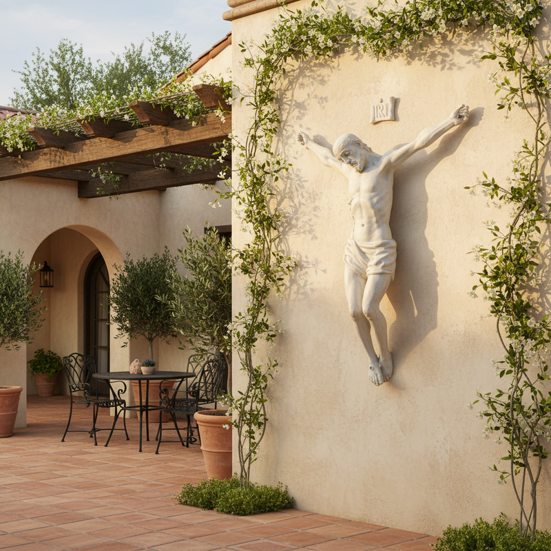Crucifix sculpture featuring a classical, old world European design with detailed, Renaissance-inspired anatomical features. Side Angle