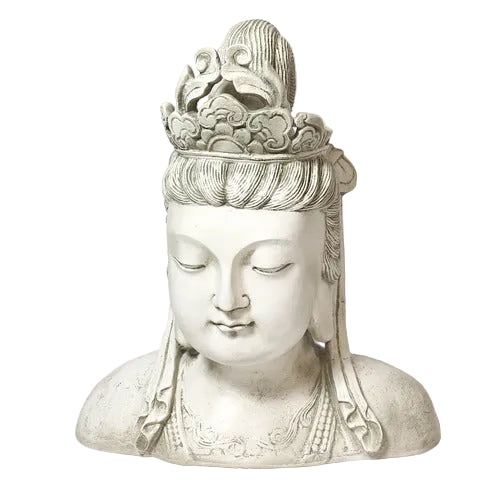 Buddha bust with serene expression, ornate headdress, and classical Asian sculptural details in a traditional style