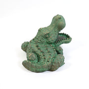 Alligator figurine with ornate, old world European detailing and textured Baroque-inspired scales, mouth open in dramatic pose. Side View