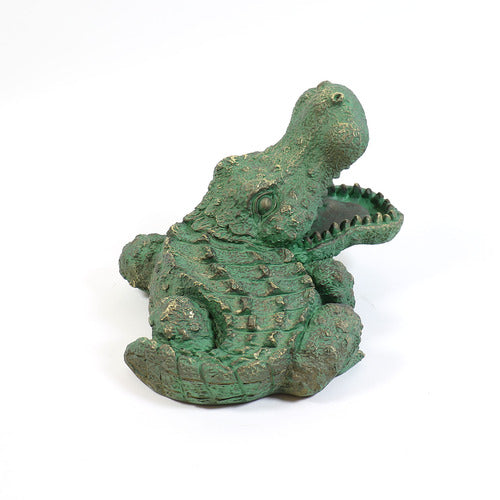 Alligator figurine with ornate, old world European detailing and textured Baroque-inspired scales, mouth open in dramatic pose. Side View