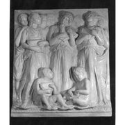 Classical relief sculpture featuring robed figures in flowing garments with ornate, old world European and Renaissance detailing. Different Angle