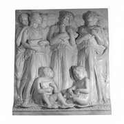Classical relief sculpture featuring robed figures in flowing garments with ornate, old world European and Renaissance detailing.