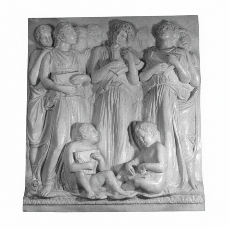 Classical relief sculpture featuring robed figures in flowing garments with ornate, old world European and Renaissance detailing.