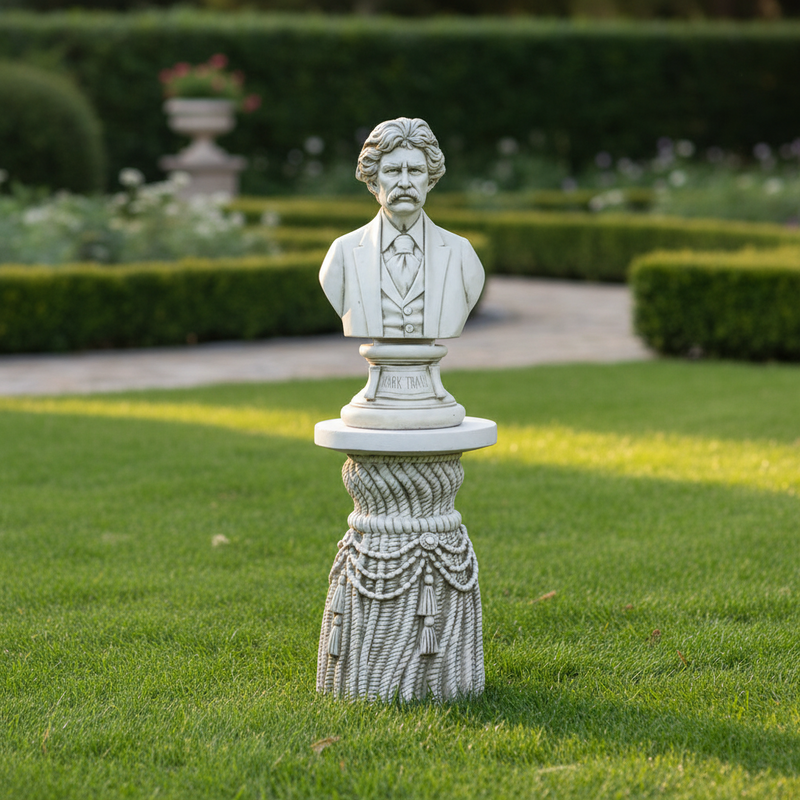 Bust of a distinguished man in classical attire atop an ornate, old world European pedestal with draped rope and tassel details. Side Angle