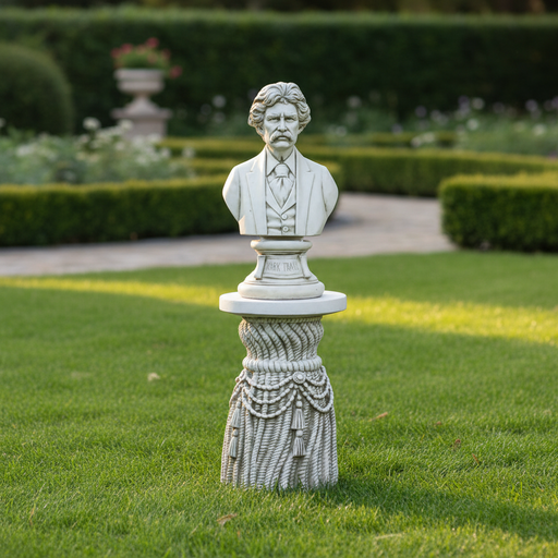 Bust of a distinguished man in classical attire atop an ornate, old world European pedestal with draped rope and tassel details. Side Angle