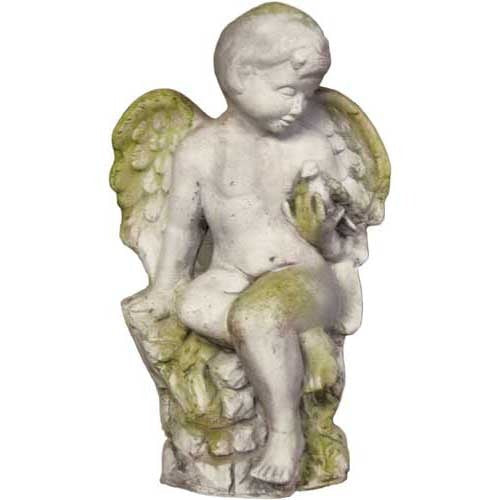 Winged cherub sitting on a rock-like base, holding a small bird, featuring a weathered moss-textured finish.