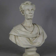 Classical bust sculpture with old world European style, featuring detailed drapery and a dignified, lifelike expression. Different Angle