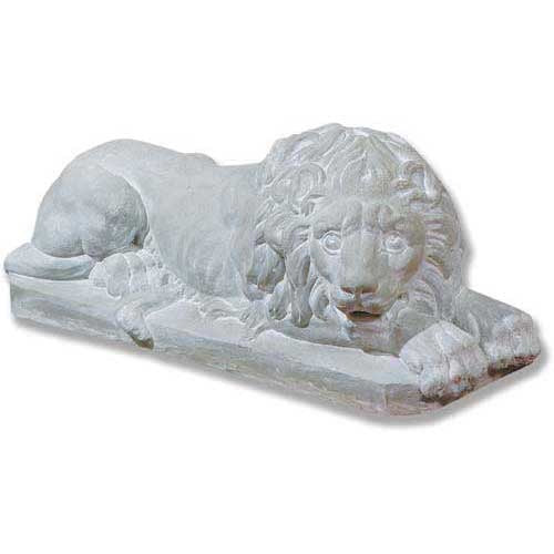 Baroque-style reclining lion statue with detailed mane and expressive face, evoking old world European classical sculpture.