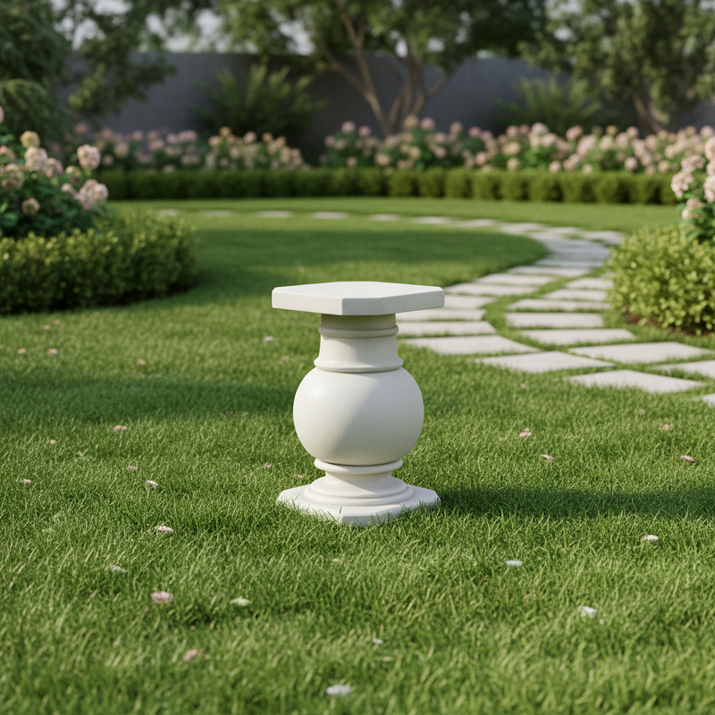 Ornate pedestal table with classical old world European design, featuring a rounded central column and square top and base. Side Angle