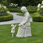 Seated woman in classical robe with head covering, reaching out to a standing child in an old world European style. Side View
