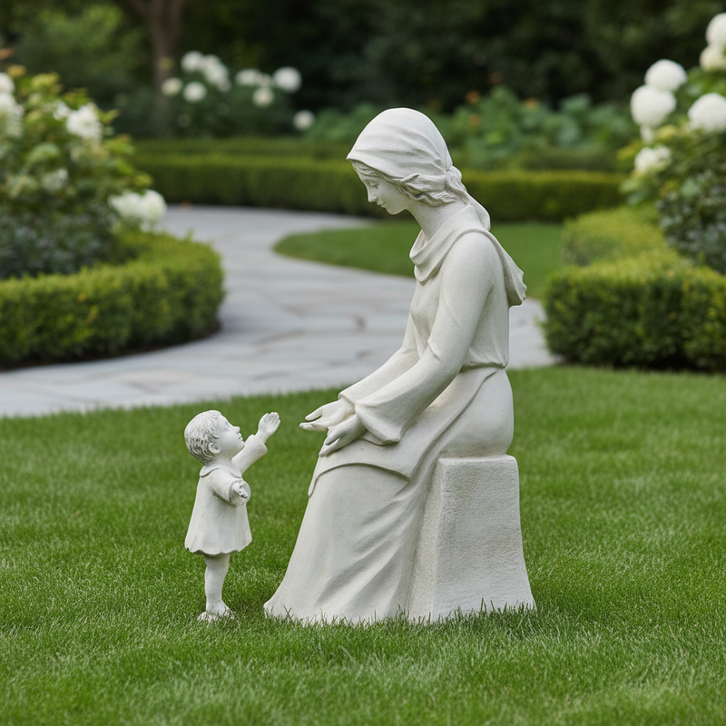 Seated woman in classical robe with head covering, reaching out to a standing child in an old world European style. Side View