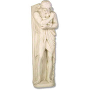 Classical Greek-style male statue with draped cloth, ornate beard, and detailed facial features in a contemplative pose.