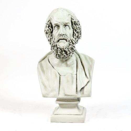 Classical Greek-style bust sculpture with ornate hair detail, shown from the back on a square pedestal base. Different Angle